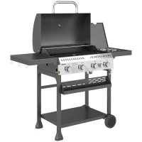 Outsunny Gasgrill, BBQ-Grill, 4 Hauptbrenner, 1 Seitenkocher, 1 Warmhalteplatte; 135 x 55 x 103 cm, Schwarz(m-1)