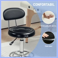 HOMCOM Scaun Rotativ Reglabil la 360° cu Spătar, Roți și Suport pentru Picioare, din Oțel, Piele Sintetică și Spumă, Negru(m-4)