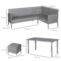 Outsunny 5-tlg. Gartenmöbel Set, Rattan Sitzgruppe mit Fußhocker, Metall, Grau, 142 x 60 x 75 cm(m-3)