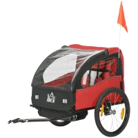 HOMCOM Reboque de Bicicleta para Crianças acima de 18 Meses Reboque de Bicicleta com 2 Lugares com Cinto de Segurança Espaço de Armazenamento e Sistema de Amortecimento 140x88x90 cm Vermelho(m-11)