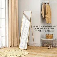 HOMCOM Oglindă de Podea 40x160cm Dreptunghiulară în Mărime Naturală cu Suport Autoportant, Auriu(m-9)