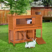 PawHut Cage à lapin poulailler clapier en bois de pin de grande taille avec 2 étages râtelier à foin toit ouvrant dim.120L x 48l x100H cm(m-10)