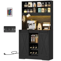 HOMCOM Bufet Înalt de Bucătărie Stil Rustic cu 2 Dulapuri, Suport pentru Sticle, Prize de Încărcare și Lumini LED, Negru(m-12)