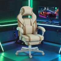 HOMCOM Cadeira Gamer Reclinável com Altura Ajustável Apoio para Pés Retrátil Suporte Lombar e Almofada de Cabeça Removível Creme(m-10)