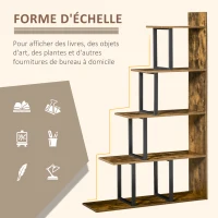 HOMCOM Étagère bibliothèque séparateur de pièce style industriel en escalier 5 étagères 102 x 30 x 160 cm, brun rustique(m-4)