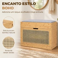 HOMCOM Banco Sapateira de Entrada com Assento Acolchoado Gaveta Basculante Porta de Vime 63x29x48 cm Madeira e Cinzento(m-4)