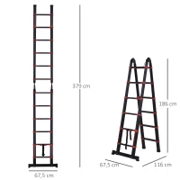 HOMCOM Escalera de Aluminio Plegable 2 Formas de Uso Retráctil Portátil Escalera Telescópica 12 Escalones Antideslizantes Carga 150 kg 379x67,5x11 cm Negro(m-3)