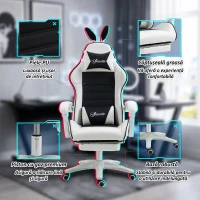 Vinsetto Scaun Gaming cu Urechi de Iepuraș, Suport pentru Picioare, Perne, Reclinabil și cu Înălțime Reglabilă, Negru(m-8)