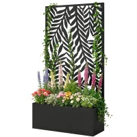 Outsunny Blumenkasten mit Sichtschutz Pflanzkasten mit Rankgitter tropischen Blattmotiven 61 x 23 x 113 cm Schwarz(m-11)