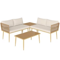 Outsunny Set Mobilier de Exterior din Ratan PE cu 2 Canapele de 2 Locuri cu Perne și 2 Mese de Cafea, Culoare Lemn(m-1)