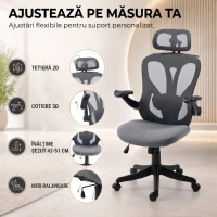 HOMCOM Scaun de Birou Ergonomic cu Tetieră 2D, Cotiere 3D, Înălțime Reglabilă, Mesh Respirabil, Gri Închis(m-4)