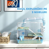 PawHut Cușcă pentru Hamsteri cu 3 Etaje, Căsuță, Roată, Bol pentru Mâncare, Sticluță și Tuburi, Albastru(m-5)