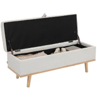 HOMCOM Bancă de Depozitare de 80L Tapițată cu Material Textil și Picioare din Lemn, 118x42x45 cm, Crem(m-11)