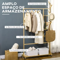 HOMCOM Suporte para Cabides de Bambu com Rodas Porta Cabides Multifuncional com 6 Ganchos Barra e Prateleira 100x37x191 cm Madeira(m-4)