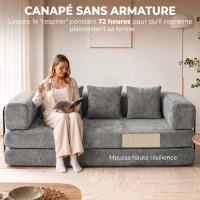HOMCOM Canapé Convertible 3 Places Compressé 5 en 1, Canapé-Lit en Chenille 205cm, Assise Profonde, 2 Coussins, Gris(m-5)
