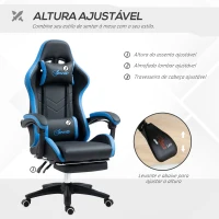 Vinsetto Cadeira Gaming Cadeira Gamer de Pele PU Reclinável 135° Apoio para a Cabeça e Apoio para os Pés 65x65x121-129 cm Preto e Azul(m-4)