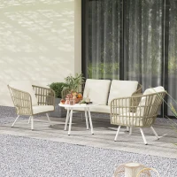 Outsunny Gartenmöbel Set aus Polyrattan Lounge-Set mit 2er Sofa Sessel Tisch Kissen wetterfest für 4 Personen Khaki(m-10)