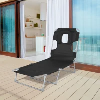 Outsunny Espreguiçadeira de Jardim Reclinável e Dobrável com Orifício de Leitura Apoio para Cabeça e Encosto Ajustável em 4 Níveis para Praia 182x56x24,5 cm Preto(m-10)