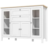 HOMCOM Mobilier de Bucătărie cu 2 Sertare și 3 Dulapuri, Uși din Sticlă și Rafturi Ajustabile, 120x40x90 cm, Alb și Stejar(m-16)