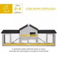 PawHut Coelheira de Exterior Grande Gaiola de Madeira para 2-4 Coelhos com Teto Asfáltico Recinto de Arame Bandeja Removível e Rampas 210x45,5x84,5cm Cinza e Preto(m-5)
