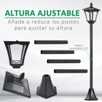 Outsunny Conjunto de 2 Luces Solares para Jardín con Panel Solar Encendido Automático Impermeable IP44 18x18x160 cm Negro(m-6)