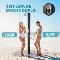 Outsunny Duche Solar de Jardim 60 L com Chuveiro de Mão Torneira para Pés Água Fria e Quente até 60 °C Ligação a Mangueira 21,8x18,2x227 cm Preto(m-5)