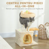 PawHut Ansamblu pentru Pisici cu Platformă și Căsuță, din Lemn, Pluș și Sisal, 40x30x72 cm, Bej și Galben(m-4)