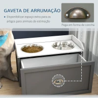 PawHut Comedouro Elevado para Cães com 2 Tigelas 2000ml de Aço Inoxidável Gaveta Oculta com Suporte de Madeira 60x30x36cm Cinza(m-5)