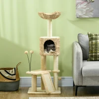 PawHut Arranhador para Gatos de 116 cm com Postes para Arranhar Cama Caverna de Taboa Rampa e Bolas 45x40x116 cm Bege(m-10)