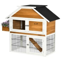 PawHut Coelheira de Madeira de Exterior Gaiola para Coelhos de 2 Níveis com Teto Asfáltico Cerca de Metal Floreira para Cultivo Bandeja Removível Portas e Rampa 123x58x106cm Madeira(m-12)