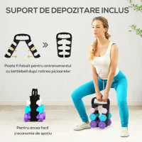 SPORTNOW Set 6 Gantere Greutăți (2x1 kg, 2x2 kg, 2x3 kg) de 12 kg cu Suport/Kettlebell, din Metal și PP Roz, Albastru și Mov(m-5)
