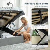HOMCOM Cadru Pat Dublu 140x190 cm, Pat Dublu cu Spațiu de Depozitare, Tăblie Capitonață în Material Catifelat, Piston pe Gaz, Șipci din Lemn, Silențios, Montaj Ușor, Gri(m-5)