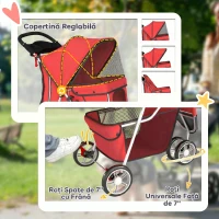 PawHut Cărucior Pliabil pentru Câini Mici, cu Suport pentru Pahar și Coș de Depozitare, până la 10 kg, Roșu(m-6)