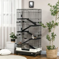 PawHut Cage pour lapin enclos à 5 niveaux avec 3 portes 5 rampes plateau amovible roulettes 81 x 52,5 x 159 cm noir et gris(m-2)