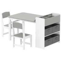 AIYAPLAY Set Masă și Scaune pentru Copii cu 2 Scaune și Măsuță Depozitare, din Lemn și Material Netesut, Gri și Alb(m-12)