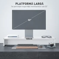 HOMCOM Suport pentru monitor cu 2 compartimente de depozitare din lemn, 100x27x15 cm, alb(m-5)