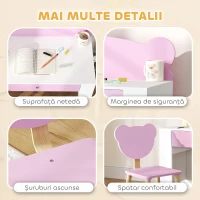 AIYAPLAY Set Birou pentru Copii cu Sertar și Scaun cu Spătar în Formă de Ursuleț, Vârsta 3-8 Ani, Roz(m-6)