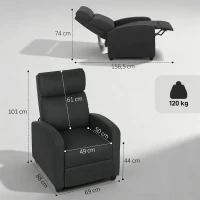 HOMCOM Relaxsessel, verstellbar 135°, ausziehbare Fußstütze, gepolsterte Lehnen, Leinen-Polyester, Schwarz(m-3)