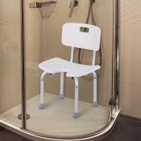 HOMCOM Scaun de Duș Reglabil pe 8 Niveluri cu Orificii de Drenaj, din Aluminiu și PE, 48x42x71-83,5 cm, Alb și Argintiu(m-2)