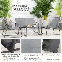 Outsunny Set de Grădină 4 Piese cu Măsuță de Cafea, Bancă pentru 2 Persoane și 2 Scaune, din Metal și Textilină Gri Deschis(m-5)