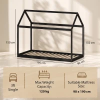 HOMCOM Single Bed Frame, House-Scandinavian-Style Wooden Bed Frame for 90W x 190D cm Mattress, Black(m-3)