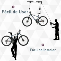 HOMCOM 2 Pares de Elevador para Bicicletas en el Techo Mediante Poleas Cuerdas Ganchos con Altura Ajustable Soporte para Bici al Techo Carga 20 kg Acero Negro(m-7)