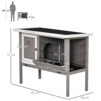 PawHut Conejera de Madera Exterior Jaula Elevada para Conejos Cobayas Animales Pequeños con Techo Asfáltico Abatible Comedero Bandejas Extraíbles y 2 Puertas 91x46x71 cm Gris(m-3)