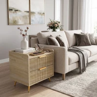 HOMCOM Bedside Table with 2 Drawers, Side End Table with Metal Legs for Bedroom, Living Room, Natural Wood Finish(m-8)