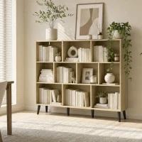 HOMCOM 10-Cube Bookcase, 3-Tier Book Shelf with Solid Wood Legs, 140 cm Modern Bookshelf with Anti-Tip Kit, Oak(m-8)