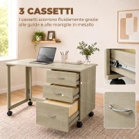 HOMCOM Scrivania da Ufficio Pieghevole con 3 Cassetti e 4 Ruote con Freno, Rovere(m-5)