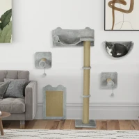 PawHut 5-teiliges wandmontiertes Kletterset für Hauskatzen mit Kratzpfosten, Kratzmatte, Katzenbett, Spielzeugbällen, Hellgrau(m-10)