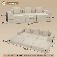 HOMCOM Canapé-Lit Pliable 245 cm, Canapé Compressé 3 Places Modulaire en Chenille avec Assise large, 3 Coussins, Beige(m-3)