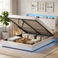HOMCOM 5ft King Bed Frame with Headboard, Platform Bed Frame with Hydraulic Storage, LED Lights and Charging Station, White(m-9)