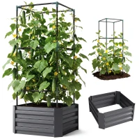 Outsunny Hoogbed met klimrek Plantenbak met klimsteun, open bodem, weerbestendig, 61 cm x 61 cm x 140 cm, Donkergrijs(m-14)